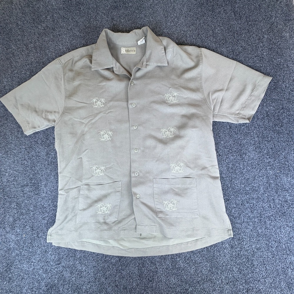 Cubavera Shirt Mens Medium Gray Viscose Rayon Palm Tree Embroidered Button Up